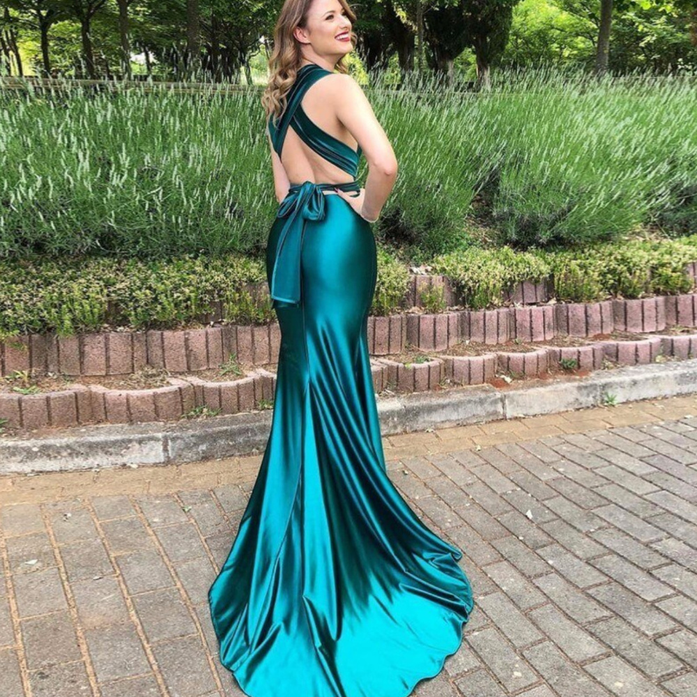 Multi way fishtail evening dress plunge emerald